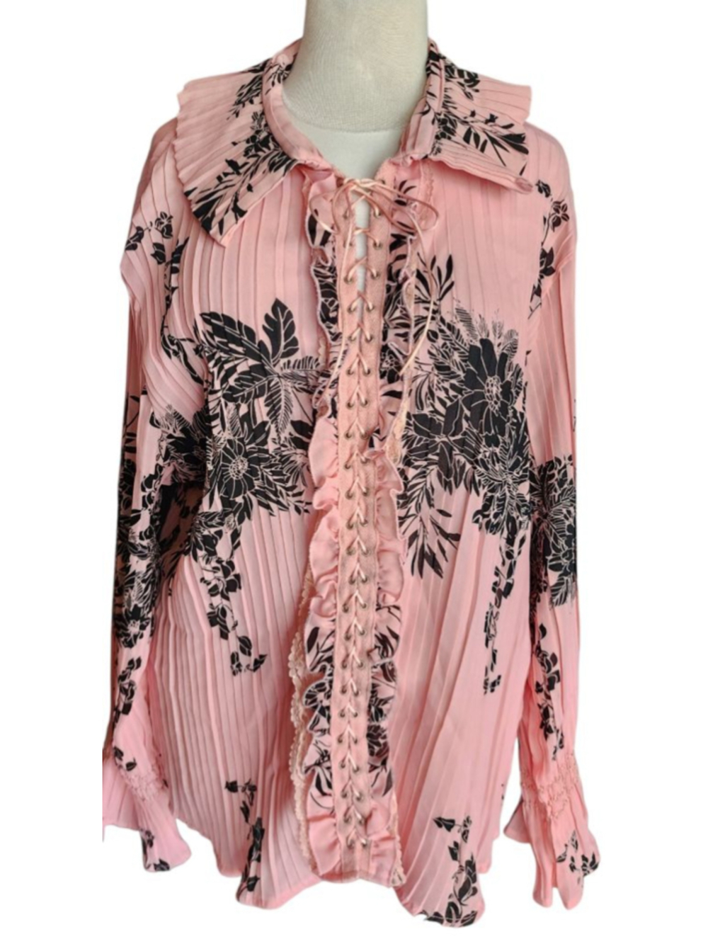 Vintage Y2K 2X Pink Pleated Floral Lace-Up Ruffle Blouse Dress-U-II by Sharon